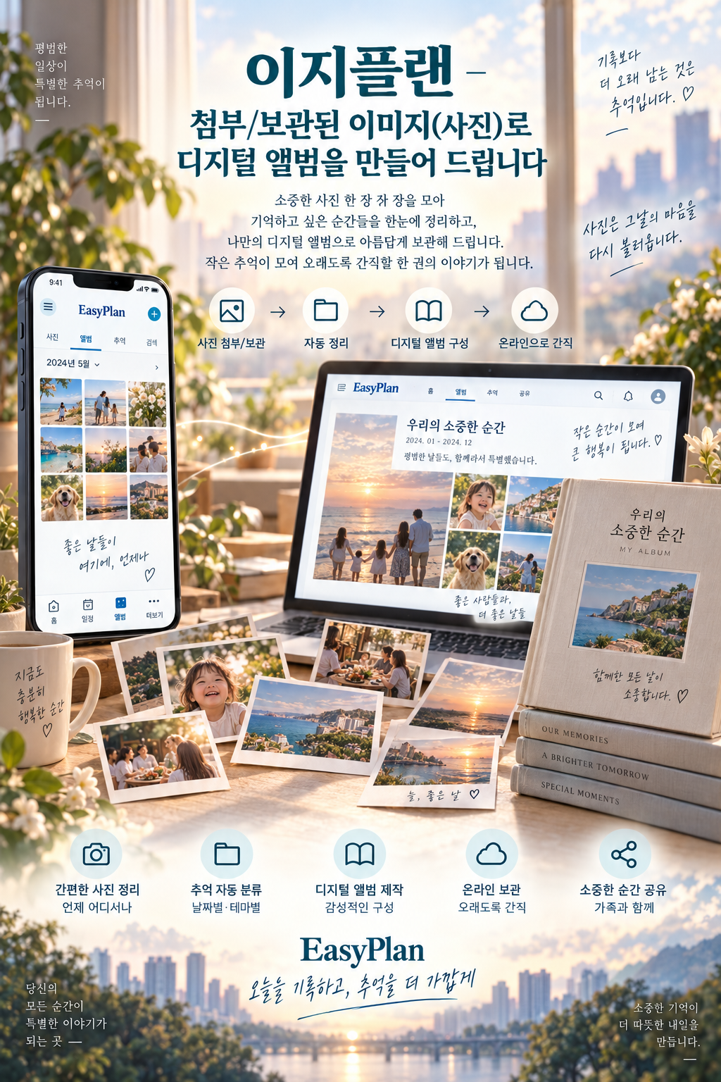 매달 우리 아이의 성장 일기/가족 앨범을 디지털 앨범으로 만들고, 1년 뒤에 1년치의 앨범을 관리할 수 있습니다.