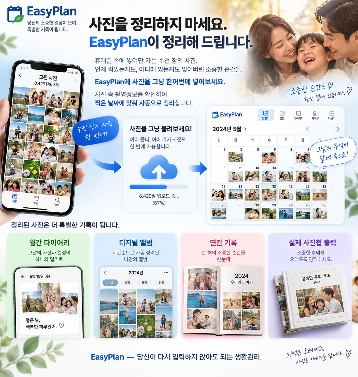 흩어져 있는 사진을 시간순으로 정리해 나만의 기록으로 만들어 드립니다.