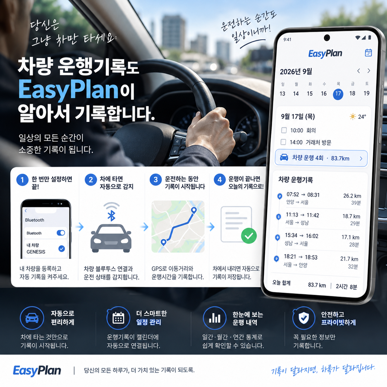 이지플랜은 차량 운행 관리도 자동으로 그날 그날 기록됩니다.