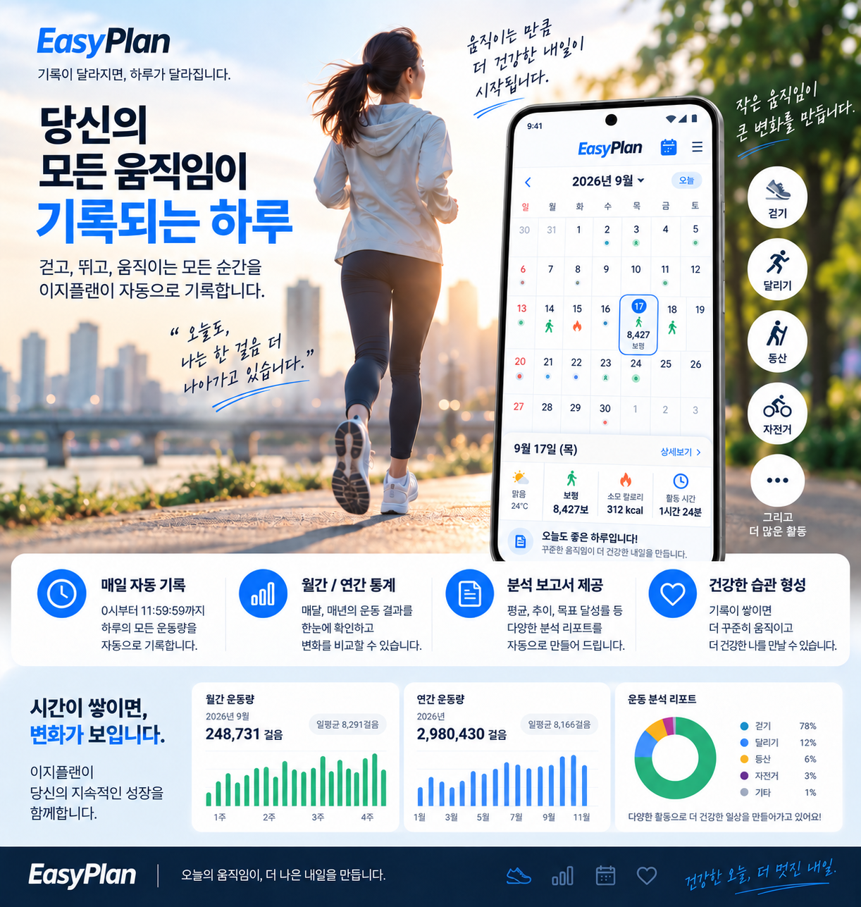 이지플랜 - 모바일 버전은 그날 하루의 운동량을 기록해 드립니다.